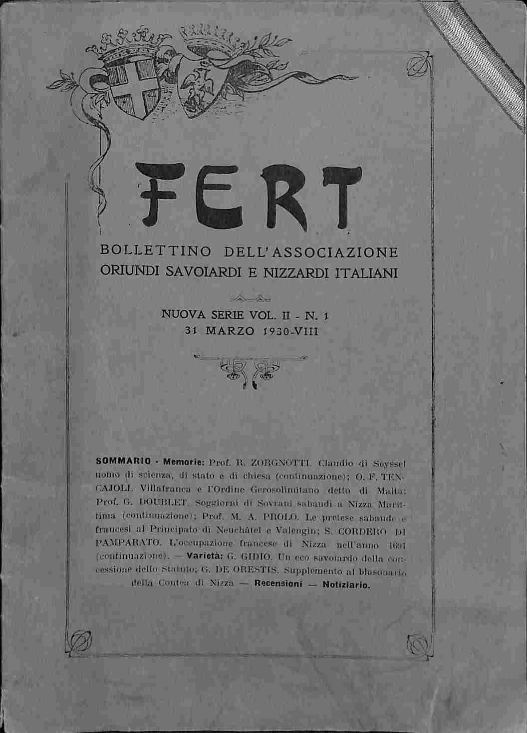 Fert. Bollettino dell'Associazione oriundi Savoiardi e Nizzardi italiani, vol. II, n. 1, 31 marzo 1930